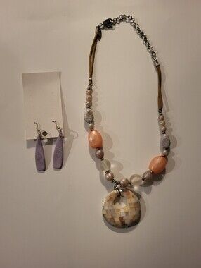 Chico's Bohemian Style Beaded And Leather Cord Neclace W/Lavender Earrings RARE